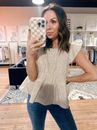 Selma Ruffle Sleeve Striped Top - Brown-Tops CasualSelma Ruffle Sleeve Striped Top – Brown | VerClare Boutique | Chenoa, IL-Shop the Selma Ruffle Sleeve Striped Top in brown at VerClare Boutique. A feminine striped top with ruffle sleeves and a flattering, easy-to-wear silhouette.-VerClare Boutique