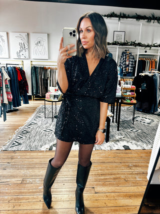 Front View. Sequin Wrap Side Tie Romper-Dresses & Rompers-VerClare Boutique