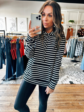 Black View. Stripe Kangaroo Hoodie-2 Colors-Tops Basic Stripe-VerClare Boutique