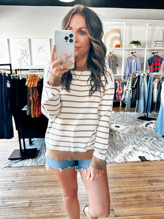 White/Taupe Striped Pullover-Tops Basic Print-VerClare Boutique