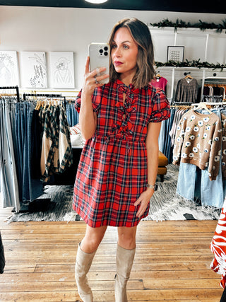 Red View. Plaid Puff Sleeve Dress-2 Colors-Dresses & Rompers-VerClare Boutique