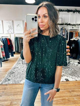 Half Puff Sleeve Sequin Top-Tops Casual-VerClare Boutique