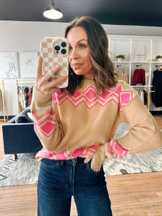Adeline Diamond Stripe Sweater-SweatersAdeline Diamond Stripe Sweater | VerClare Boutique-Camel sweater with bold pink diamond stripe detailing. Soft, cozy, and relaxed for everyday wear. Free US shipping from VerClare Boutique.-VerClare Boutique