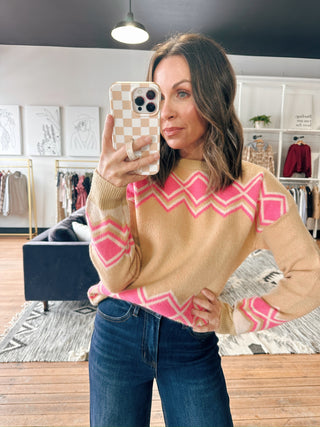 Adeline Diamond Stripe Sweater-SweatersAdeline Diamond Stripe Sweater | VerClare Boutique-Camel sweater with bold pink diamond stripe detailing. Soft, cozy, and relaxed for everyday wear. Free US shipping from VerClare Boutique.-VerClare Boutique