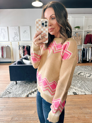 Adeline Diamond Stripe Sweater-SweatersAdeline Diamond Stripe Sweater | VerClare Boutique-Camel sweater with bold pink diamond stripe detailing. Soft, cozy, and relaxed for everyday wear. Free US shipping from VerClare Boutique.-VerClare Boutique