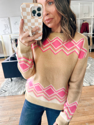 Adeline Diamond Stripe Sweater-SweatersAdeline Diamond Stripe Sweater | VerClare Boutique-Camel sweater with bold pink diamond stripe detailing. Soft, cozy, and relaxed for everyday wear. Free US shipping from VerClare Boutique.-VerClare Boutique