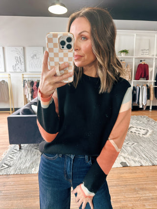 Bianca Sunrise Sweater-SweatersBianca Sunrise Sweater | VerClare Boutique | Chenoa, IL-Black sweater with sunrise-inspired colorblock sleeves in soft peach and cream tones. Cozy, cute, and perfect for everyday wear. Free US shipping from VerClare Boutique.-VerClare Boutique
