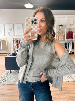 Kathy Brushed Tank & Cardigan Set-SweatersKathy Brushed Tank & Cardigan Set | VerClare Boutique | Chenoa, IL-Soft brushed knit tank and cardigan set in heather grey. Cozy, lightweight, and perfect for layering or lounging. Free US shipping from VerClare Boutique.-VerClare Boutique