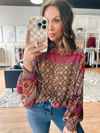Ariana Boho Puff Sleeve Top-Tops CasualAriana Boho Puff Sleeve Top | VerClare Boutique | Chenoa, IL-Colorful boho print top with puff sleeves and button-front detail. Lightweight, flowy, and perfect for adding a pop of pattern. Free US shipping from VerClare Boutique.-VerClare Boutique