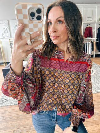 Ariana Boho Puff Sleeve Top-Tops CasualAriana Boho Puff Sleeve Top | VerClare Boutique | Chenoa, IL-Colorful boho print top with puff sleeves and button-front detail. Lightweight, flowy, and perfect for adding a pop of pattern. Free US shipping from VerClare Boutique.-VerClare Boutique