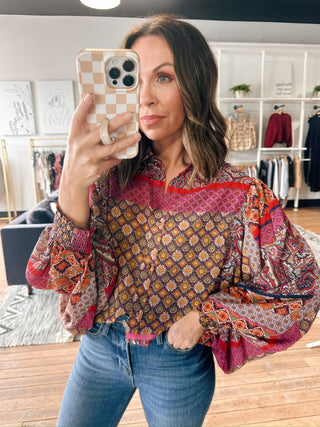Ariana Boho Puff Sleeve Top-Tops CasualAriana Boho Puff Sleeve Top | VerClare Boutique | Chenoa, IL-Colorful boho print top with puff sleeves and button-front detail. Lightweight, flowy, and perfect for adding a pop of pattern. Free US shipping from VerClare Boutique.-VerClare Boutique