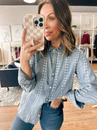 Natalia Shirt-Tops CasualNatalia Shirt | VerClare Boutique | Chenoa, IL-The Natalia Shirt offers an easy, relaxed fit with soft denim fabric and subtle dotted detailing. A stylish button-down you can wear on its own or layered year-round. Casual, flattering, and effortlessly versatile—now available at VerClare Boutique.-VerClare Boutique