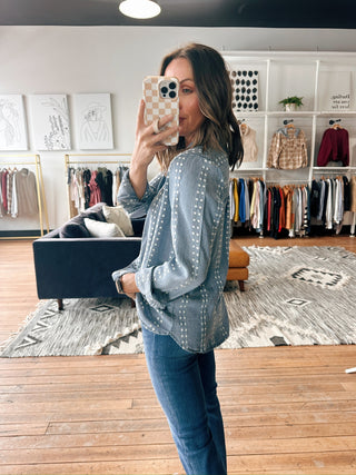 Natalia Shirt-Tops CasualNatalia Shirt | VerClare Boutique | Chenoa, IL-The Natalia Shirt offers an easy, relaxed fit with soft denim fabric and subtle dotted detailing. A stylish button-down you can wear on its own or layered year-round. Casual, flattering, and effortlessly versatile—now available at VerClare Boutique.-VerClare Boutique