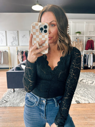 Danika Nighfall Lace Bodysuit-Tops CasualDanika Nighfall Lace Bodysuit | VerClare Boutique | Chenoa, IL-Black lace long-sleeve bodysuit with a flattering neckline and chic, feminine detail. Perfect for date nights or layering. Free US shipping from VerClare Boutique.-VerClare Boutique