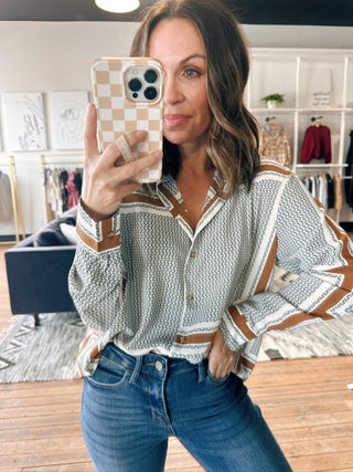 Caroline Button Front Top-Tops CasualCaroline Button Front Top | VerClare Boutique-Printed button-front top with a relaxed drape and chic neutral detailing. Easy to dress up or down for everyday style. Free US shipping from VerClare Boutique.-VerClare Boutique