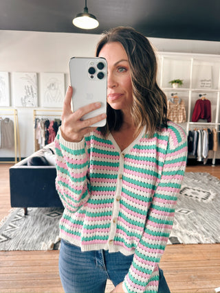 Leah Striped Crochet Sweater-SweatersLeah Striped Crochet Sweater | VerClare Boutique | Chenoa, IL-The Leah Striped Crochet Sweater brings a fun pop of color with its pink, green, and cream crochet-style stripes. Lightweight, soft, and perfect for layering year-round. A flattering fit you can dress up or down—available now at VerClare Boutique.-VerClare Boutique