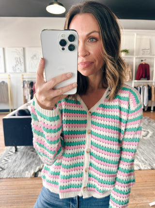 Leah Striped Crochet Sweater-SweatersLeah Striped Crochet Sweater | VerClare Boutique | Chenoa, IL-The Leah Striped Crochet Sweater brings a fun pop of color with its pink, green, and cream crochet-style stripes. Lightweight, soft, and perfect for layering year-round. A flattering fit you can dress up or down—available now at VerClare Boutique.-VerClare Boutique