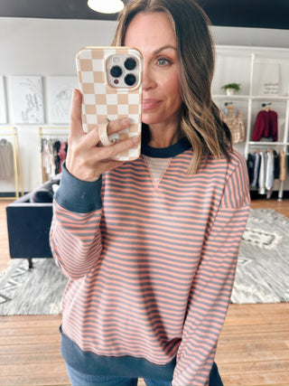 Elara Pinstriped Terry Sweatshirt-Tops Basic SolidElara Pinstriped Terry Sweatshirt | VerClare Boutique | Chenoa, IL-Soft terry sweatshirt with vintage-style pinstripes and contrasting trim. Cozy, lightweight, and perfect for casual everyday wear. Free US shipping from VerClare Boutique.-VerClare Boutique