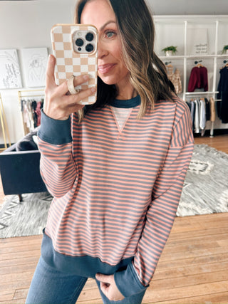 Elara Pinstriped Terry Sweatshirt-Tops Basic SolidElara Pinstriped Terry Sweatshirt | VerClare Boutique | Chenoa, IL-Soft terry sweatshirt with vintage-style pinstripes and contrasting trim. Cozy, lightweight, and perfect for casual everyday wear. Free US shipping from VerClare Boutique.-VerClare Boutique