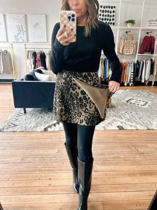 Leopard Corduroy Mini Skirt-BottomsLeopard Corduroy Mini Skirt for Women | VerClare Boutique | Chenoa, IL-Shop the Leopard Corduroy Mini Skirt for women featuring a soft corduroy texture, classic leopard print, and flattering mini length perfect for fall outfits, casual wear, or dressing up at VerClare Boutique.-VerClare Boutique
