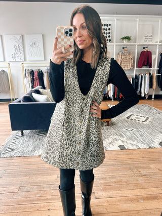 Amarae Leopard Denim Mini Dress-Dresses & RompersAmarae Leopard Denim Mini Dress for Women | VerClare Boutique | Chenoa, IL-Shop the Amarae Leopard Denim Mini Dress at VerClare Boutique. Features a button-front design, sleeveless silhouette, and trendy leopard print—perfect for layering or standalone wear.-VerClare Boutique