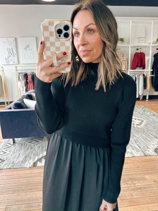 Mercer Sweater Dress-Black-Dresses & RompersMercer Black Sweater Dress for Women | VerClare Boutique | Chenoa, IL-Shop the Mercer Black Sweater Dress for women featuring a soft knit feel, flattering silhouette, and versatile midi length perfect for work, events, or everyday wear at VerClare Boutique.-VerClare Boutique