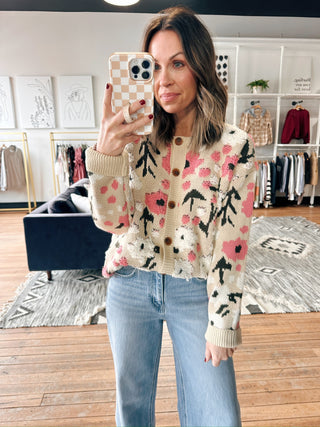 Boucle Flower Sweater Cardigan-SweatersBoucle Flower Sweater Cardigan for Women | VerClare Boutique | Chenoa, IL-Shop the Boucle Flower Sweater Cardigan for women featuring a cozy knit texture, floral pattern, and button-front design perfect for everyday wear, work, or casual layering at VerClare Boutique.-VerClare Boutique