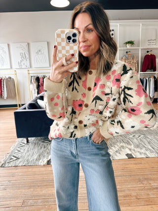 Boucle Flower Sweater Cardigan-SweatersBoucle Flower Sweater Cardigan for Women | VerClare Boutique | Chenoa, IL-Shop the Boucle Flower Sweater Cardigan for women featuring a cozy knit texture, floral pattern, and button-front design perfect for everyday wear, work, or casual layering at VerClare Boutique.-VerClare Boutique