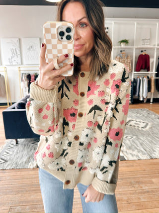 Boucle Flower Sweater Cardigan-SweatersBoucle Flower Sweater Cardigan for Women | VerClare Boutique | Chenoa, IL-Shop the Boucle Flower Sweater Cardigan for women featuring a cozy knit texture, floral pattern, and button-front design perfect for everyday wear, work, or casual layering at VerClare Boutique.-VerClare Boutique