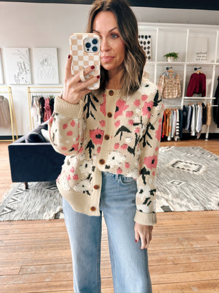 Boucle Flower Sweater Cardigan-SweatersBoucle Flower Sweater Cardigan for Women | VerClare Boutique | Chenoa, IL-Shop the Boucle Flower Sweater Cardigan for women featuring a cozy knit texture, floral pattern, and button-front design perfect for everyday wear, work, or casual layering at VerClare Boutique.-VerClare Boutique