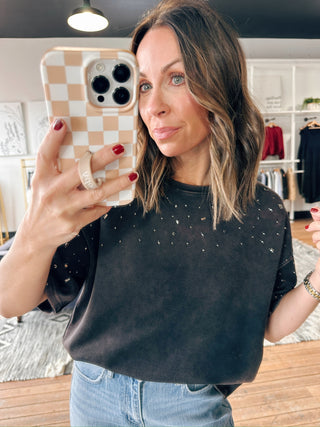 Rosalie Studded Short Sleeve Top-Tops Basic PrintRosalie Studded Short Sleeve Top for Women | VerClare Boutique | Chenoa, IL-Shop the Rosalie Studded Short Sleeve Top for women featuring a soft fabric feel, subtle stud detailing, and an easy relaxed fit perfect for casual outfits and everyday wear at VerClare Boutique.-VerClare Boutique