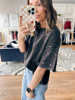 Rosalie Studded Short Sleeve Top-Tops Basic PrintRosalie Studded Short Sleeve Top for Women | VerClare Boutique | Chenoa, IL-Shop the Rosalie Studded Short Sleeve Top for women featuring a soft fabric feel, subtle stud detailing, and an easy relaxed fit perfect for casual outfits and everyday wear at VerClare Boutique.-VerClare Boutique