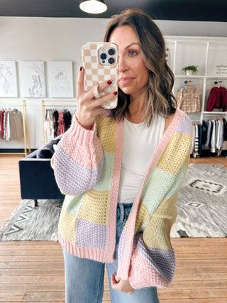 Zaylee Quilted Sweater Cardigan-SweatersZaylee Quilted Sweater Cardigan for Women | VerClare Boutique | Chenoa, IL-Shop the Zaylee Quilted Sweater Cardigan at VerClare Boutique. Features a soft textured knit, relaxed fit, and cozy pastel color blocking—perfect for everyday layering.-VerClare Boutique