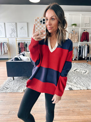 Zienne Striped Rugby Pullover-Tops Basic PrintZienne Striped Rugby Pullover Sweater | VerClare Boutique | Chenoa, IL-Shop the Zienne Striped Rugby Pullover at VerClare Boutique. A cozy women’s striped rugby sweater with a relaxed fit—perfect for casual, everyday outfits.-VerClare Boutique