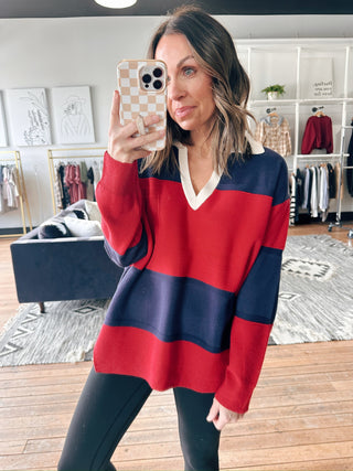 Zienne Striped Rugby Pullover-Tops Basic PrintZienne Striped Rugby Pullover Sweater | VerClare Boutique | Chenoa, IL-Shop the Zienne Striped Rugby Pullover at VerClare Boutique. A cozy women’s striped rugby sweater with a relaxed fit—perfect for casual, everyday outfits.-VerClare Boutique