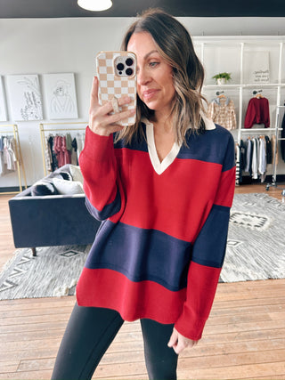 Zienne Striped Rugby Pullover-Tops Basic PrintZienne Striped Rugby Pullover Sweater | VerClare Boutique | Chenoa, IL-Shop the Zienne Striped Rugby Pullover at VerClare Boutique. A cozy women’s striped rugby sweater with a relaxed fit—perfect for casual, everyday outfits.-VerClare Boutique