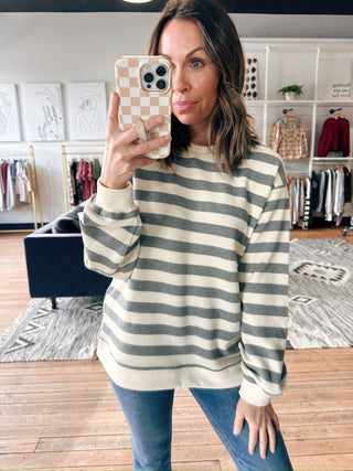 Ysola Striped Sweatshirt Top-Tops Basic PrintYsola Striped Sweatshirt Top | VerClare Boutique | Chenoa, IL-Shop the Ysola Striped Sweatshirt Top at VerClare Boutique. A cozy women’s striped sweatshirt with a relaxed fit—perfect for everyday casual wear.-VerClare Boutique