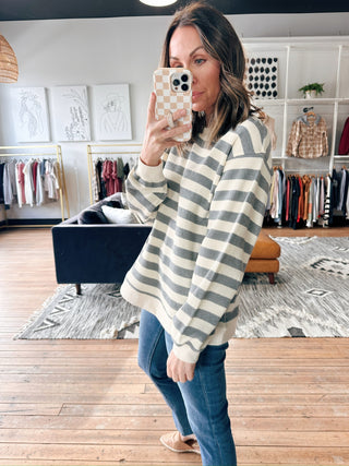 Ysola Striped Sweatshirt Top-Tops Basic PrintYsola Striped Sweatshirt Top | VerClare Boutique | Chenoa, IL-Shop the Ysola Striped Sweatshirt Top at VerClare Boutique. A cozy women’s striped sweatshirt with a relaxed fit—perfect for everyday casual wear.-VerClare Boutique