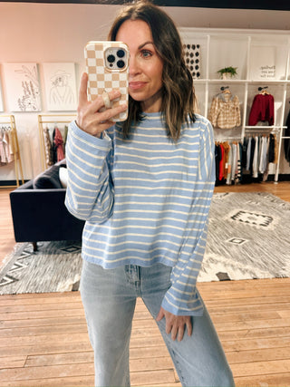 By Together-Foster Stripe Top-Tops Basic PrintBy Together Foster Stripe Top | VerClare Boutique | Chenoa, IL-By Together Foster stripe top in soft blue and cream with a relaxed, everyday fit. Lightweight, comfy, and perfect for casual layering. Free US shipping from VerClare Boutique.-VerClare Boutique