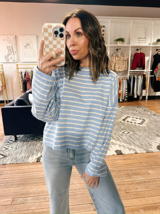 By Together-Foster Stripe Top-Tops Basic PrintBy Together Foster Stripe Top | VerClare Boutique | Chenoa, IL-By Together Foster stripe top in soft blue and cream with a relaxed, everyday fit. Lightweight, comfy, and perfect for casual layering. Free US shipping from VerClare Boutique.-VerClare Boutique