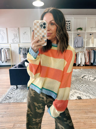 Keira Striped Lightweight Sweater - Sunkist/Daisy-SweatersKeira Striped Lightweight Sweater – Sunkist/Daisy | VerClare Boutique | Chenoa, IL-Shop the Keira Striped Lightweight Sweater in Sunkist and Daisy at VerClare Boutique. A breezy knit with bold stripes, perfect for easy everyday wear and layering.-VerClare Boutique