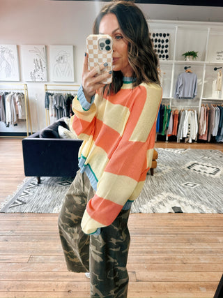 Keira Striped Lightweight Sweater - Sunkist/Daisy-SweatersKeira Striped Lightweight Sweater – Sunkist/Daisy | VerClare Boutique | Chenoa, IL-Shop the Keira Striped Lightweight Sweater in Sunkist and Daisy at VerClare Boutique. A breezy knit with bold stripes, perfect for easy everyday wear and layering.-VerClare Boutique