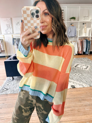 Keira Striped Lightweight Sweater - Sunkist/Daisy-SweatersKeira Striped Lightweight Sweater – Sunkist/Daisy | VerClare Boutique | Chenoa, IL-Shop the Keira Striped Lightweight Sweater in Sunkist and Daisy at VerClare Boutique. A breezy knit with bold stripes, perfect for easy everyday wear and layering.-VerClare Boutique
