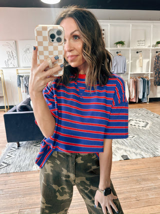 Rhea Striped Knit Tee Blue/Red-Tops CasualRhea Striped Knit Tee – Blue/Red | VerClare Boutique | Chenoa, IL-Shop the Rhea Striped Knit Tee in blue and red at VerClare Boutique. A relaxed, everyday knit tee with classic stripes that’s perfect for casual styling and layering.-VerClare Boutique