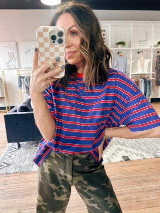 Rhea Striped Knit Tee Blue/Red-Tops CasualRhea Striped Knit Tee – Blue/Red | VerClare Boutique | Chenoa, IL-Shop the Rhea Striped Knit Tee in blue and red at VerClare Boutique. A relaxed, everyday knit tee with classic stripes that’s perfect for casual styling and layering.-VerClare Boutique