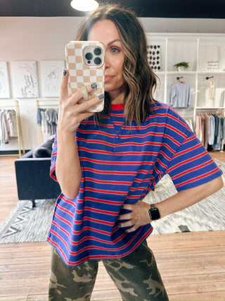Rhea Striped Knit Tee Blue/Red-Tops CasualRhea Striped Knit Tee – Blue/Red | VerClare Boutique | Chenoa, IL-Shop the Rhea Striped Knit Tee in blue and red at VerClare Boutique. A relaxed, everyday knit tee with classic stripes that’s perfect for casual styling and layering.-VerClare Boutique