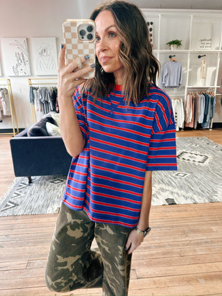 Rhea Striped Knit Tee Blue/Red-Tops CasualRhea Striped Knit Tee – Blue/Red | VerClare Boutique | Chenoa, IL-Shop the Rhea Striped Knit Tee in blue and red at VerClare Boutique. A relaxed, everyday knit tee with classic stripes that’s perfect for casual styling and layering.-VerClare Boutique