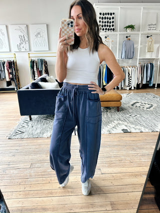 Alessia Barrel Fit Utility Pants - Navy Blue-Bottoms-VerClare Boutique