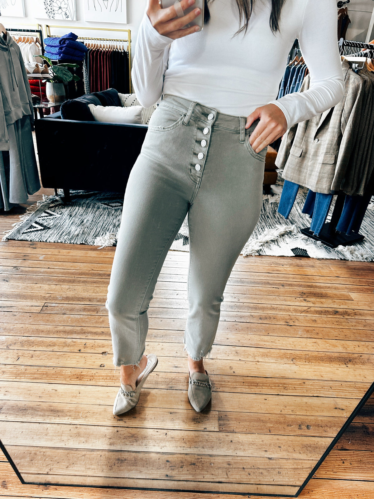 Muted Olive Jeanne High-Rise Jeans-Bottoms-VerClare Boutique