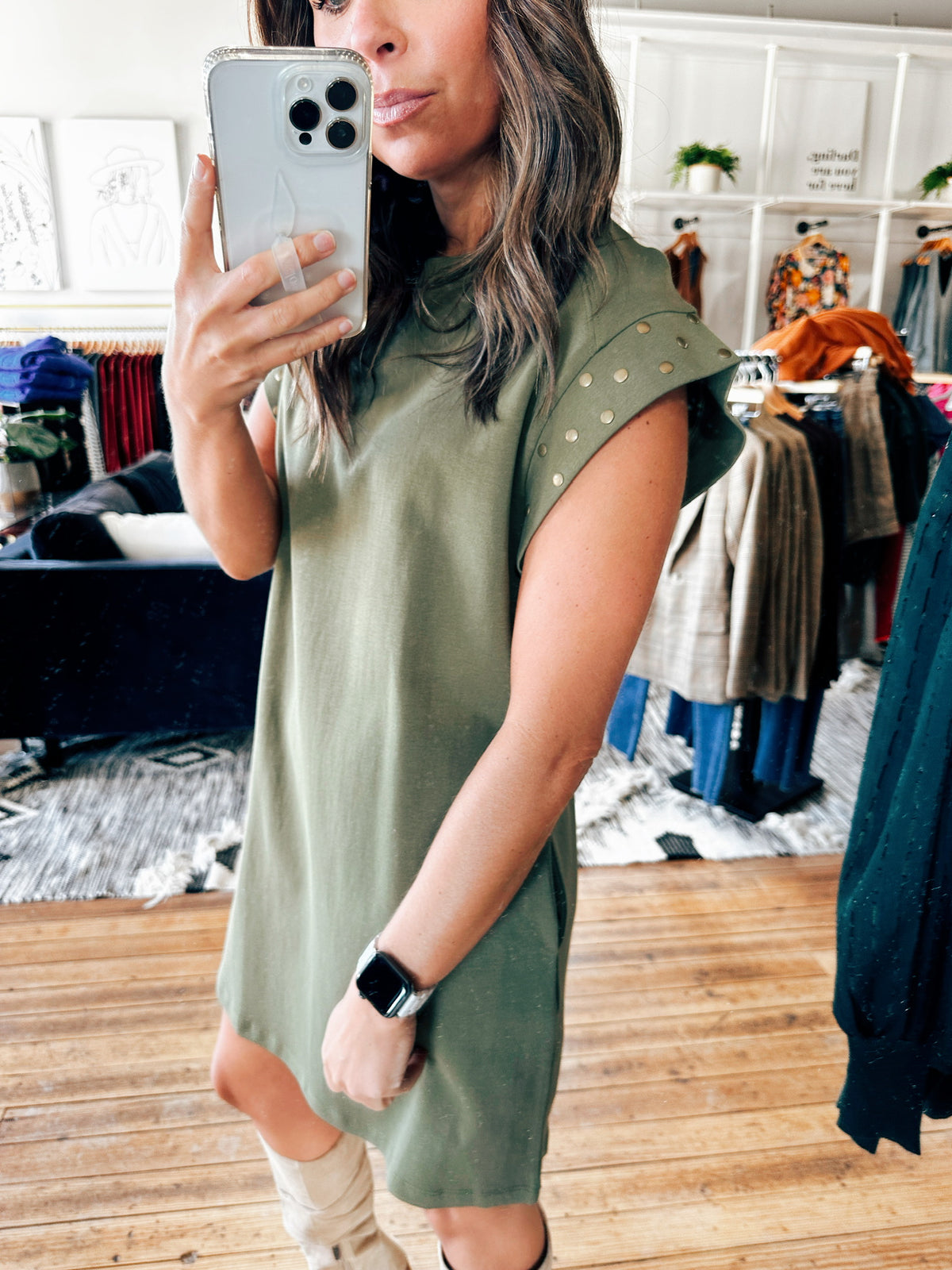 Olive Studded Sleeve Dress-Tops basic solid-VerClare Boutique